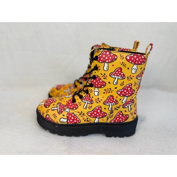 Yoki Yellow Red Mushroom Boots Vegan Leather Lug Sole Combat Size 6 - Picture 3 of 9